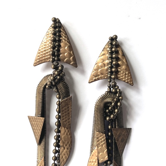 80's Mixed Metal Ball Chain Modern Brutalist Artisan Arrowhead Dangle Earrings - Picture 4 of 12